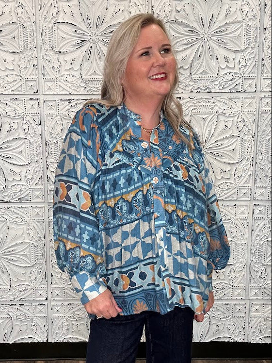 Blue Geometric Floral Button Front Blouse