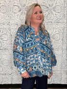 Blue Geometric Floral Button Front Blouse