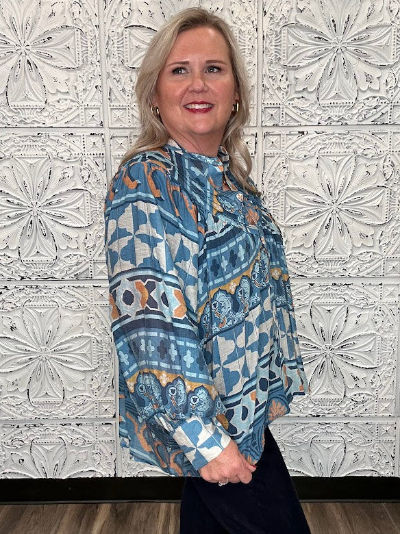 Blue Geometric Floral Button Front Blouse