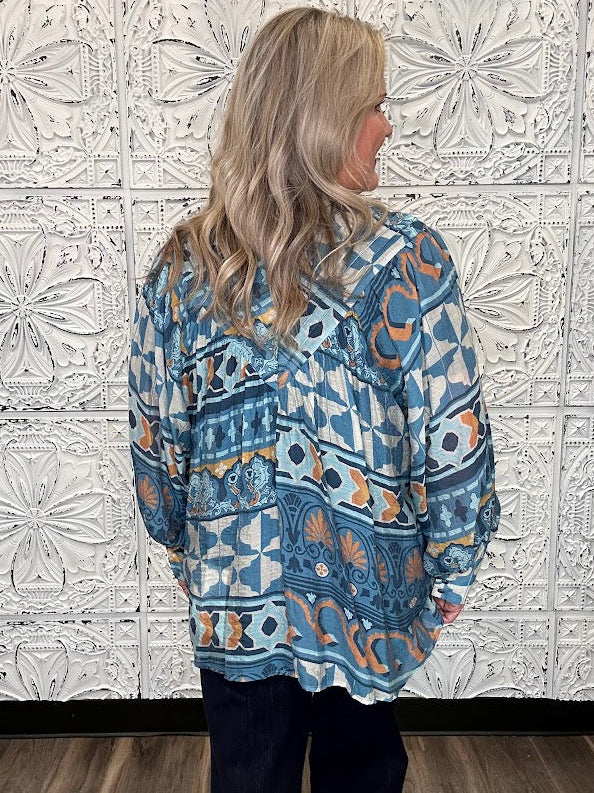 Blue Geometric Floral Button Front Blouse