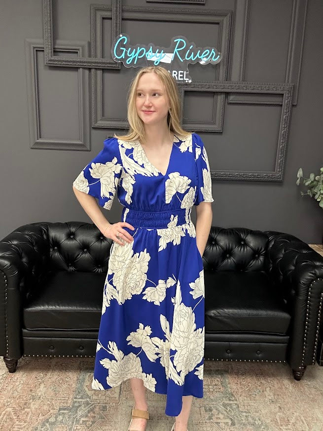 floral midi dress, flutter sleeve dress, lined midi dress, boutique floral dress, dress with pockets, women’s midi dress