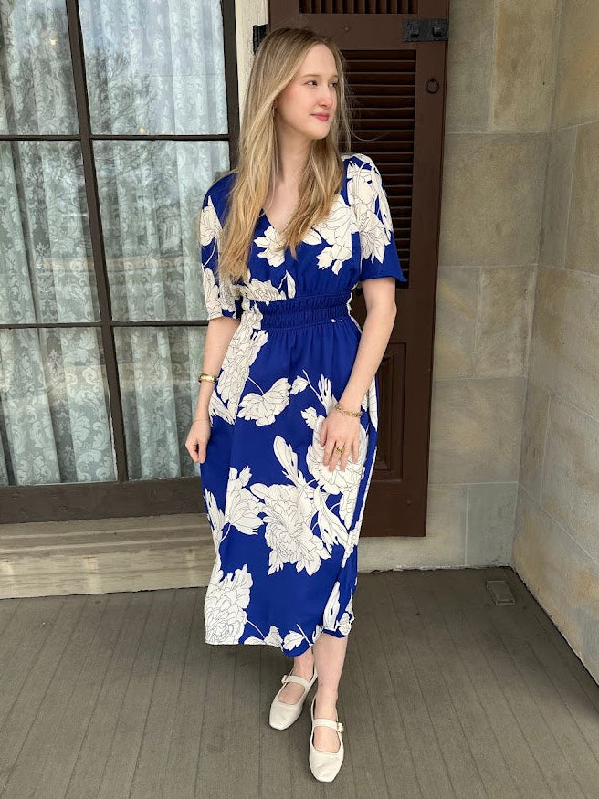 floral midi dress, flutter sleeve dress, lined midi dress, boutique floral dress, dress with pockets, women’s midi dress