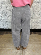 striped barrel pants, drawstring waist pants, black and white stripe pants, boutique wide leg pants, relaxed fit striped trousers, casual chic pants
