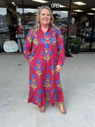 &nbsp;floral midi dress, cotton boho dress, ruffle hem midi dress, long sleeve floral dress, red floral dress, statement midi dress, bohemian cotton dress