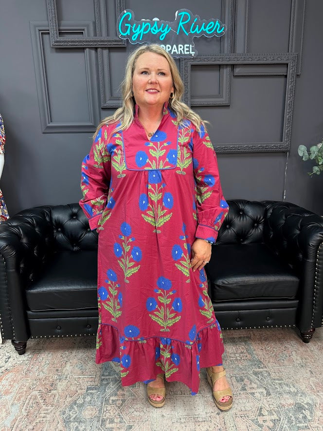 floral midi dress, cotton boho dress, ruffle hem midi dress, long sleeve floral dress, red floral dress, statement midi dress, bohemian cotton dress