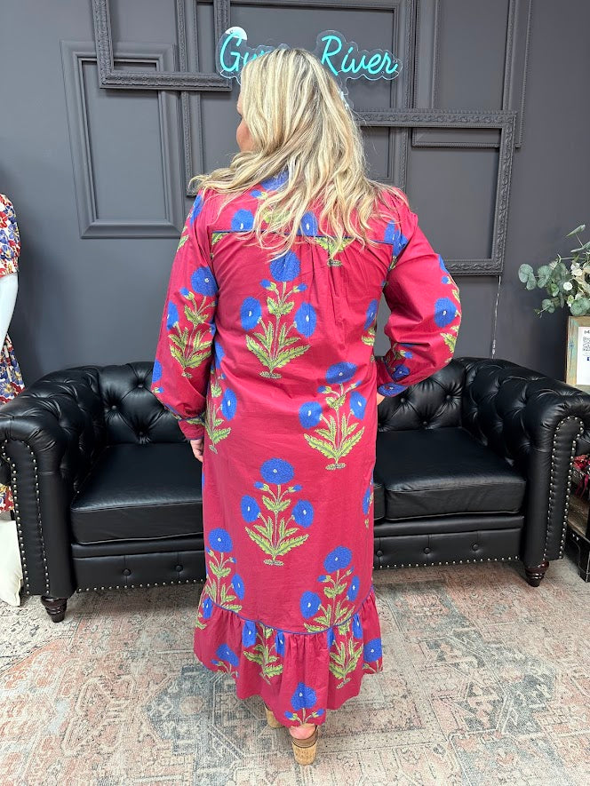 floral midi dress, cotton boho dress, ruffle hem midi dress, long sleeve floral dress, red floral dress, statement midi dress, bohemian cotton dress