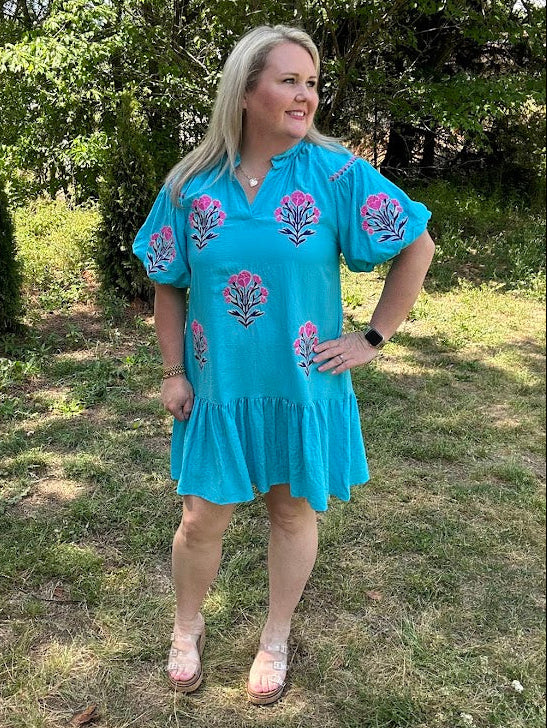 Boho Floral Embroidered Mini Dress with Puff Sleeves