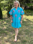 Boho Floral Embroidered Mini Dress with Puff Sleeves