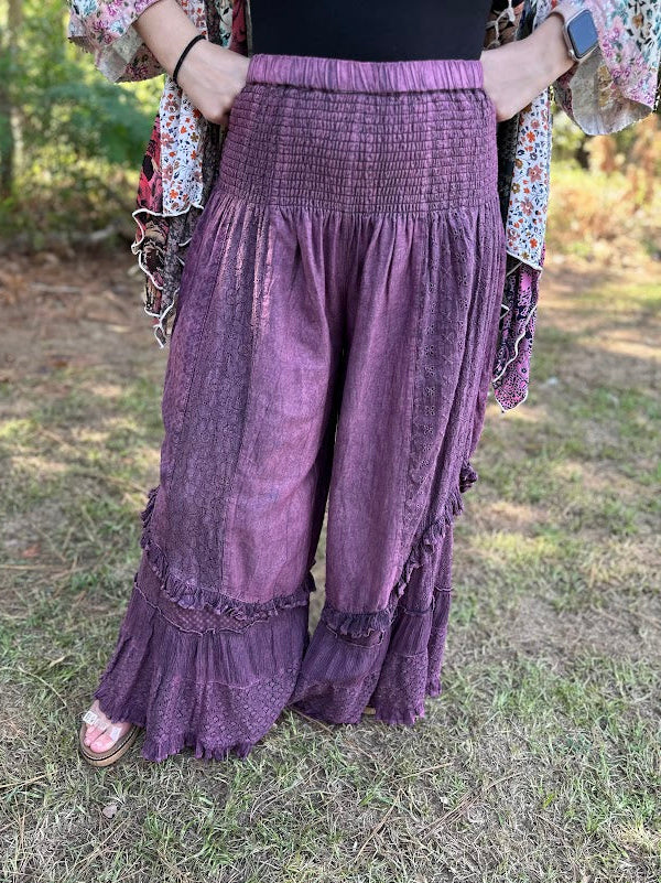 Boho Mineral Wash Lace Tiered Ruffle Pants