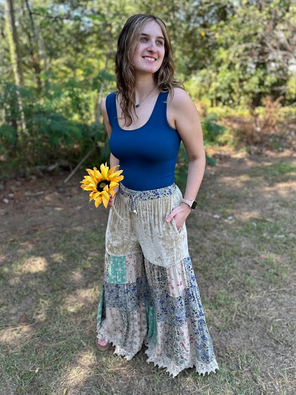 Boho Tiered Floral Patchwork Velvet Waist Pants