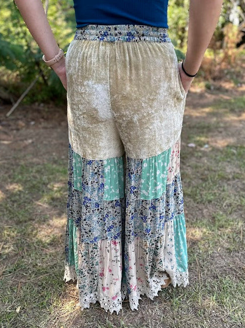 Boho Tiered Floral Patchwork Velvet Waist Pants