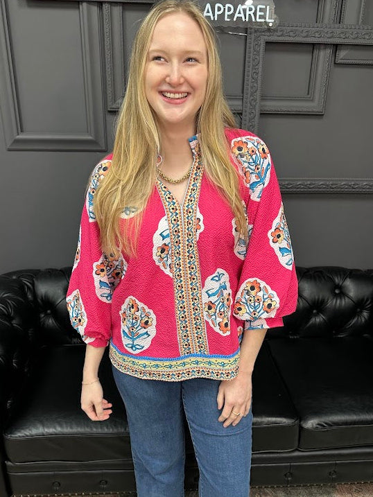 boho tunic top, floral print tunic, split v neck blouse, boho blouse, women’s boho top, boutique tunic, Gypsy River Apparel