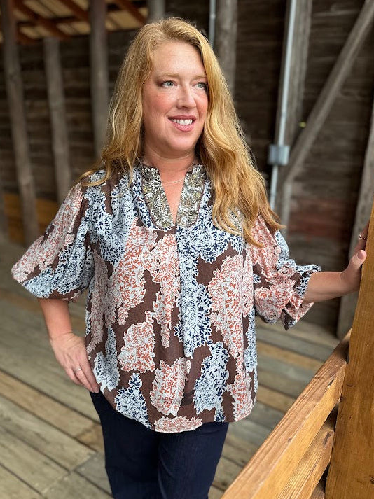 Brown Mix Printed Long Sleeve Top