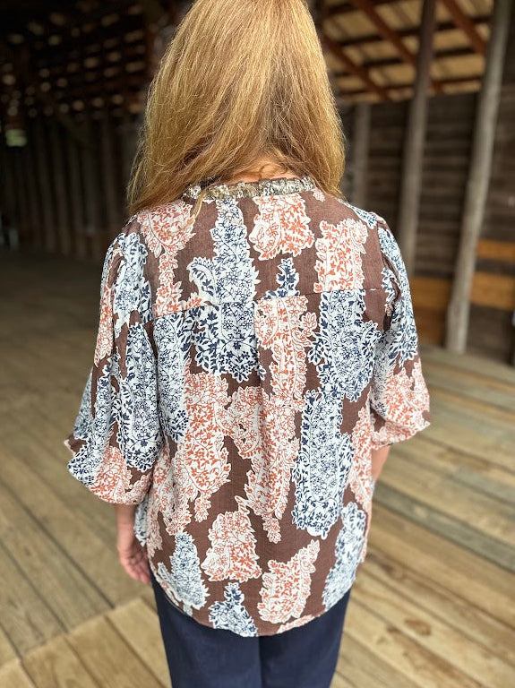 Brown Mix Printed Long Sleeve Top