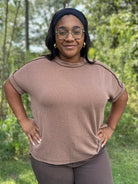 ribbed knit top, mocha brown short sleeve top, casual fall shirt, rolled sleeve blouse, textured knit tee, relaxed fit top, lightweight sweater top, women’s boutique clothing, neutral color top, soft knit pullover, everyday casual wear, chic brown top, versatile fall outfit, curvy friendly top, round neck ribbed tee, easy layering piece, women’s soft knit shirt, Northport boutique style, cozy neutral top, Gypsy River Apparel