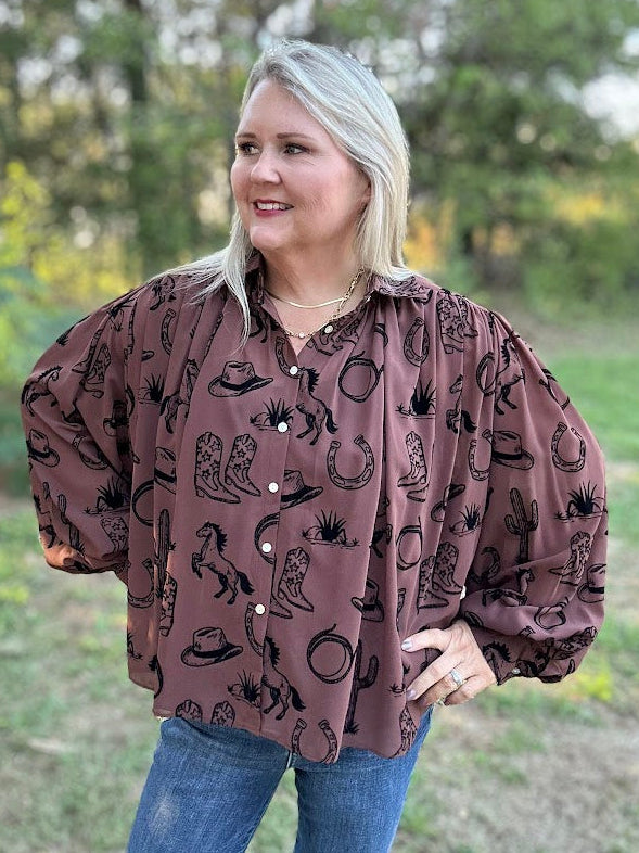 Brown Western Print Button Front Blouse
