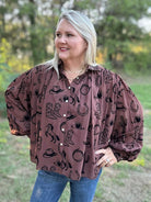 Brown Western Print Button Front Blouse