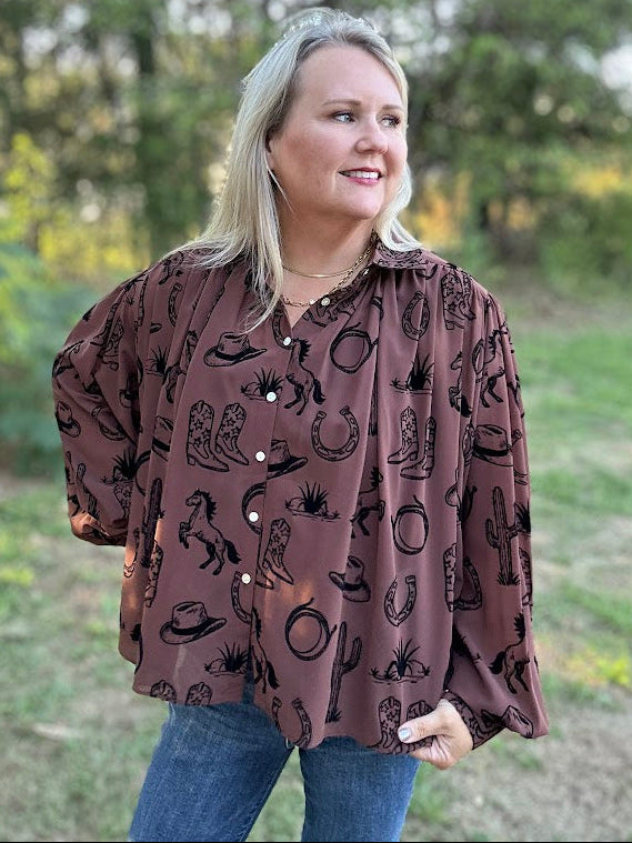 Brown Western Print Button Front Blouse