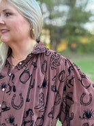 Brown Western Print Button Front Blouse