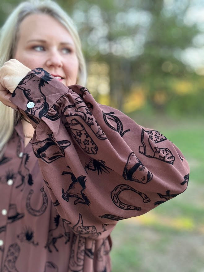 Brown Western Print Button Front Blouse