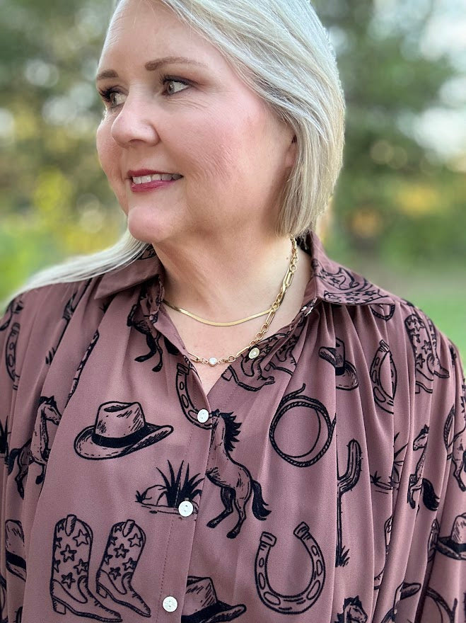 Brown Western Print Button Front Blouse
