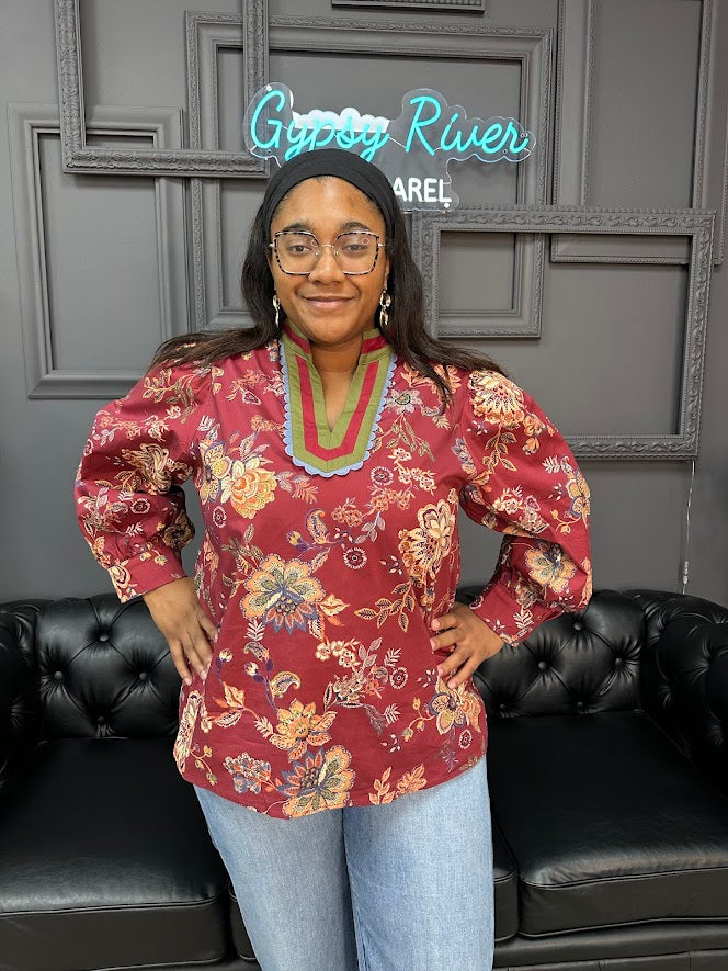 burgundy floral tunic, fall floral top, women’s blouse plus size, true to size tunic, long sleeve fall blouse, Gypsy River top