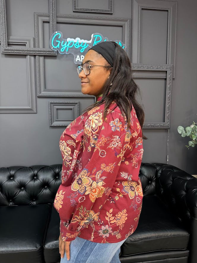 burgundy floral tunic, fall floral top, women’s blouse plus size, true to size tunic, long sleeve fall blouse, Gypsy River top