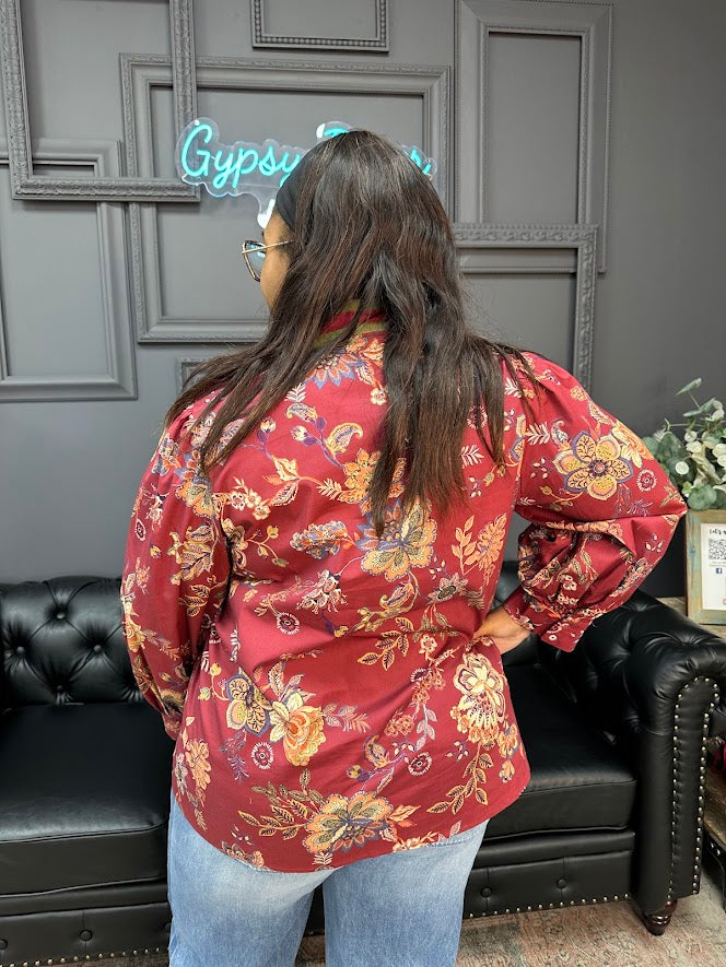 burgundy floral tunic, fall floral top, women’s blouse plus size, true to size tunic, long sleeve fall blouse, Gypsy River top