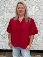 Burgundy Ruffle Trim Bubble Sleeve Blouse