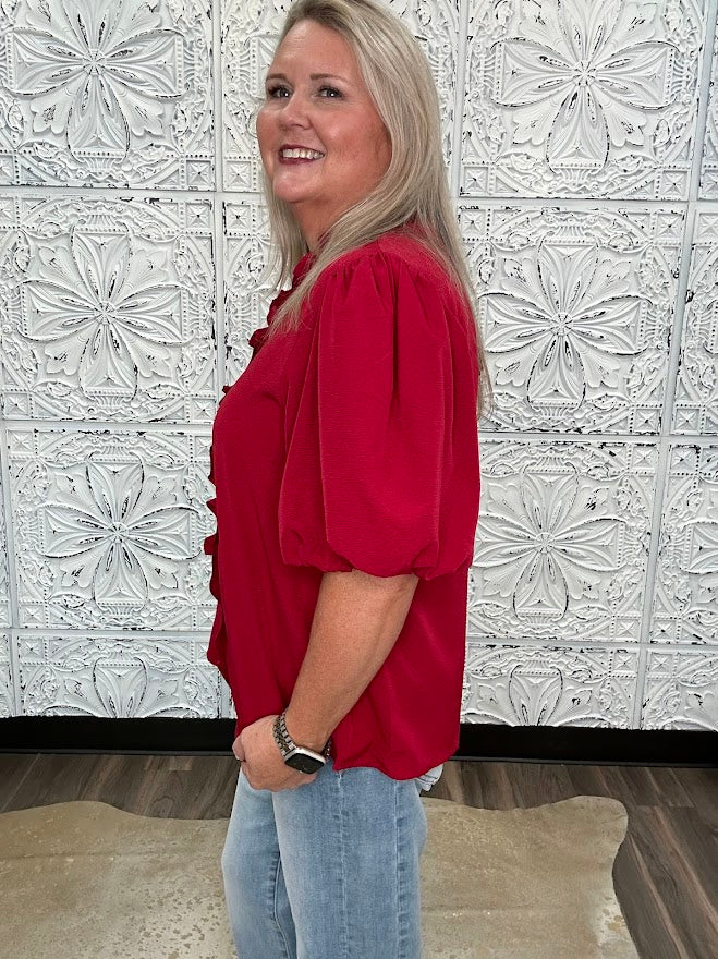 Burgundy Ruffle Trim Bubble Sleeve Blouse
