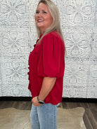 Burgundy Ruffle Trim Bubble Sleeve Blouse