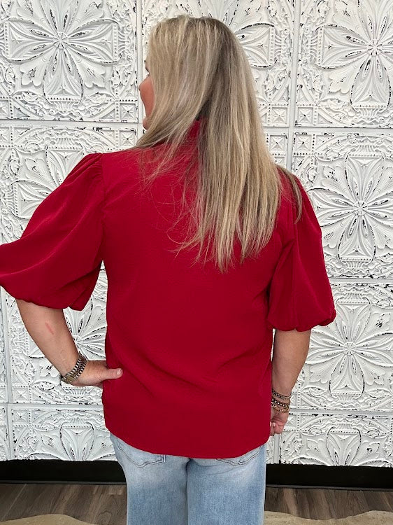 Burgundy Ruffle Trim Bubble Sleeve Blouse