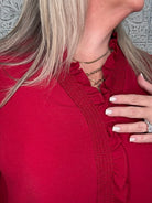 Burgundy Ruffle Trim Bubble Sleeve Blouse