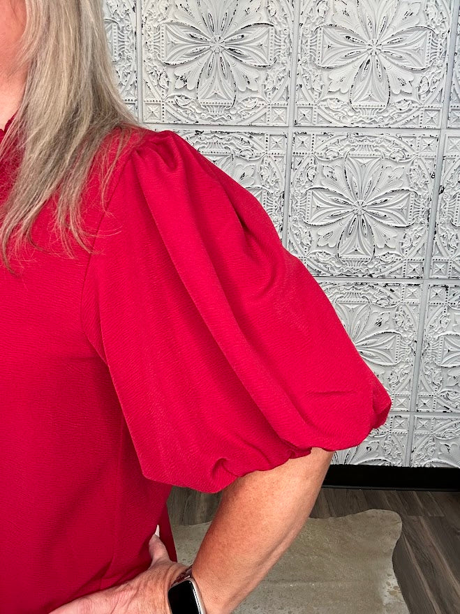 Burgundy Ruffle Trim Bubble Sleeve Blouse