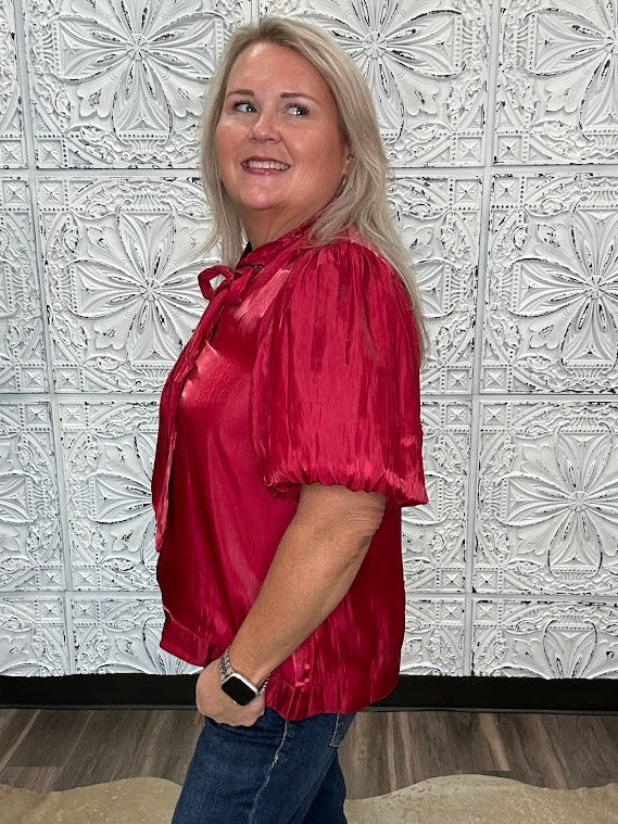 Burgundy Satin Bow Neck Blouse