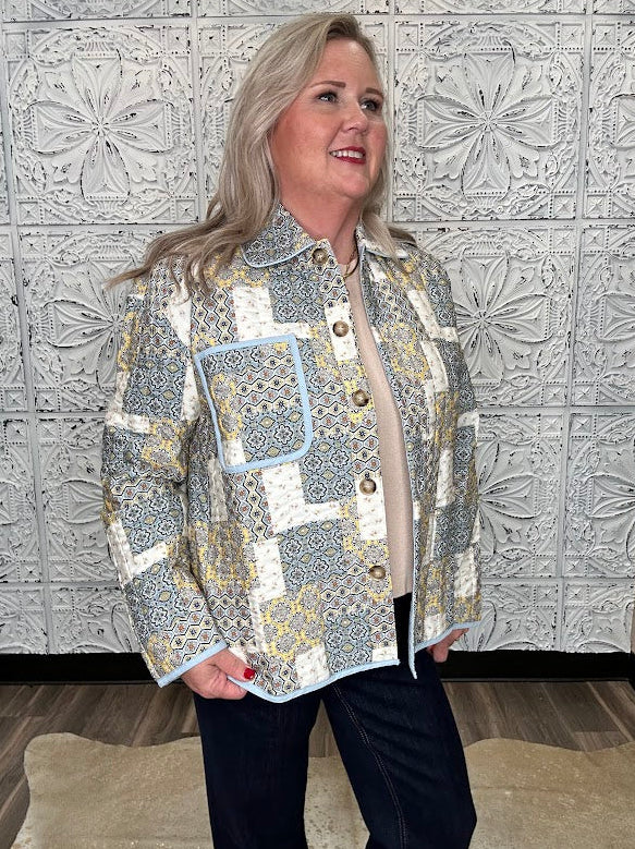 Butter Cornflower Mixed Patchwork Button Down Jacket