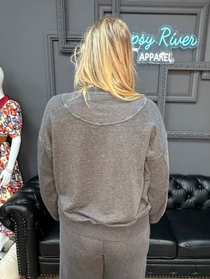 Gypsy River Apparel – Women’s charcoal gray long sleeve lounge top with crew neckline and relaxed fit, soft knit pullover for casual everyday wear.