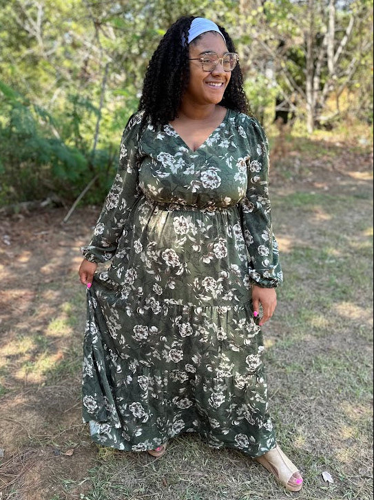 CURVY Olive Floral Tiered Maxi Dress