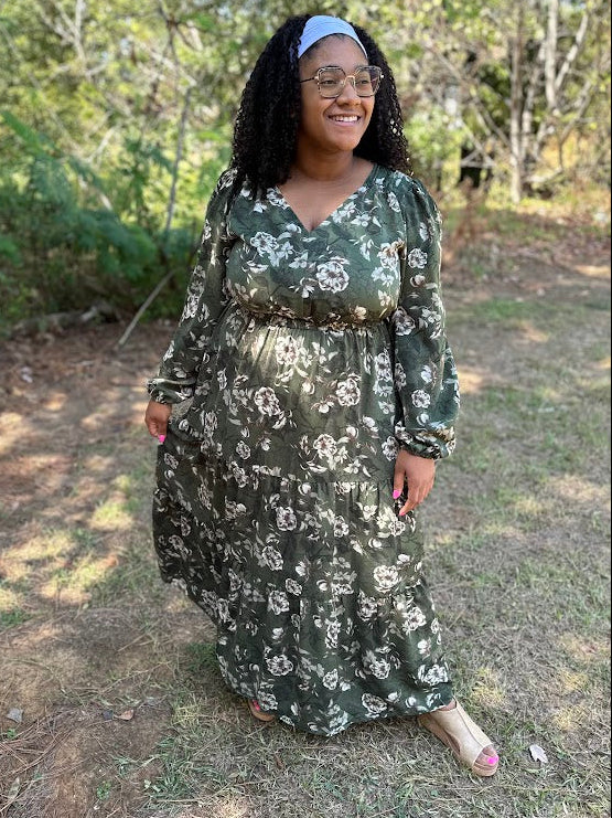 CURVY Olive Floral Tiered Maxi Dress