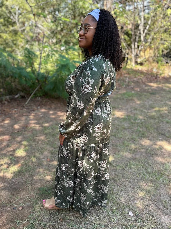 CURVY Olive Floral Tiered Maxi Dress