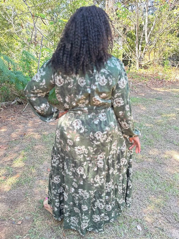 CURVY Olive Floral Tiered Maxi Dress