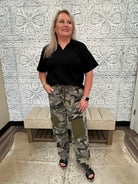 Camo Print Drawstring Barrel Pants with Patch Detail