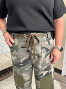 Camo Print Drawstring Barrel Pants with Patch Detail
