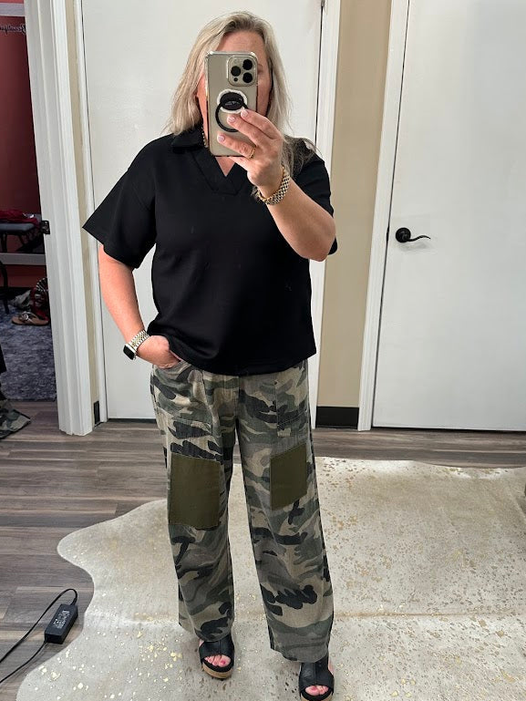 Camo Print Drawstring Barrel Pants with Patch Detail