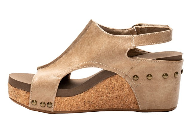 Corkys wedges, taupe wedge sandals, comfortable wedge shoes, women’s cork wedges, Carley wedge Corkys, everyday wedge sandal