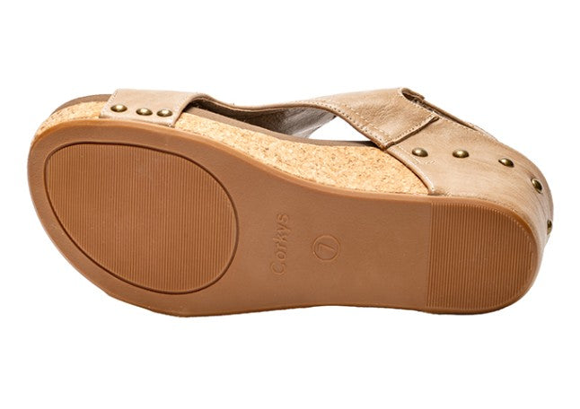 Corkys wedges, taupe wedge sandals, comfortable wedge shoes, women’s cork wedges, Carley wedge Corkys, everyday wedge sandal