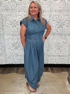 Chambray Wide Leg Button Front Jumpsuit