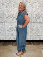 Chambray Wide Leg Button Front Jumpsuit