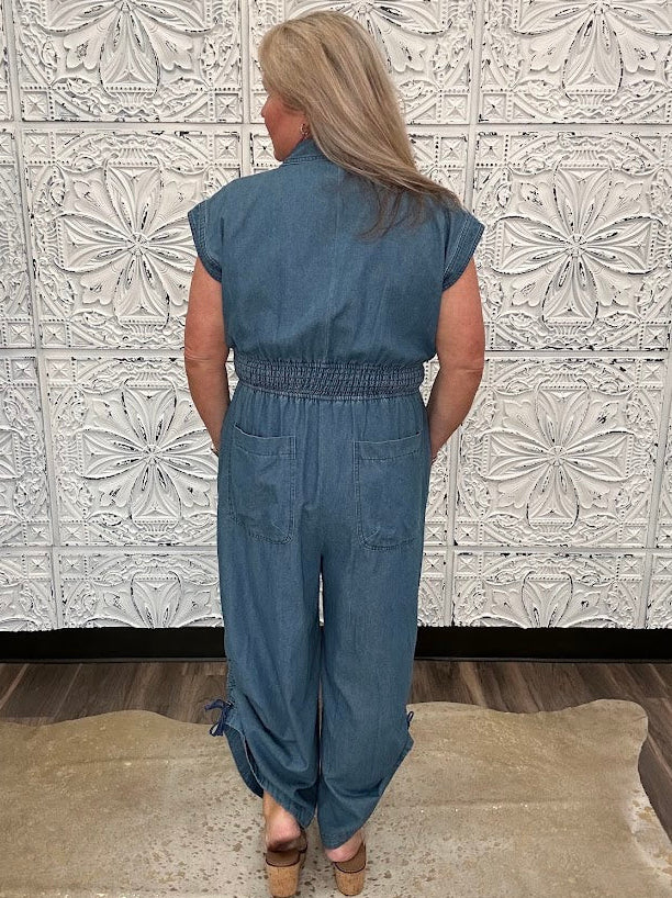 Chambray Wide Leg Button Front Jumpsuit