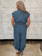 Chambray Wide Leg Button Front Jumpsuit